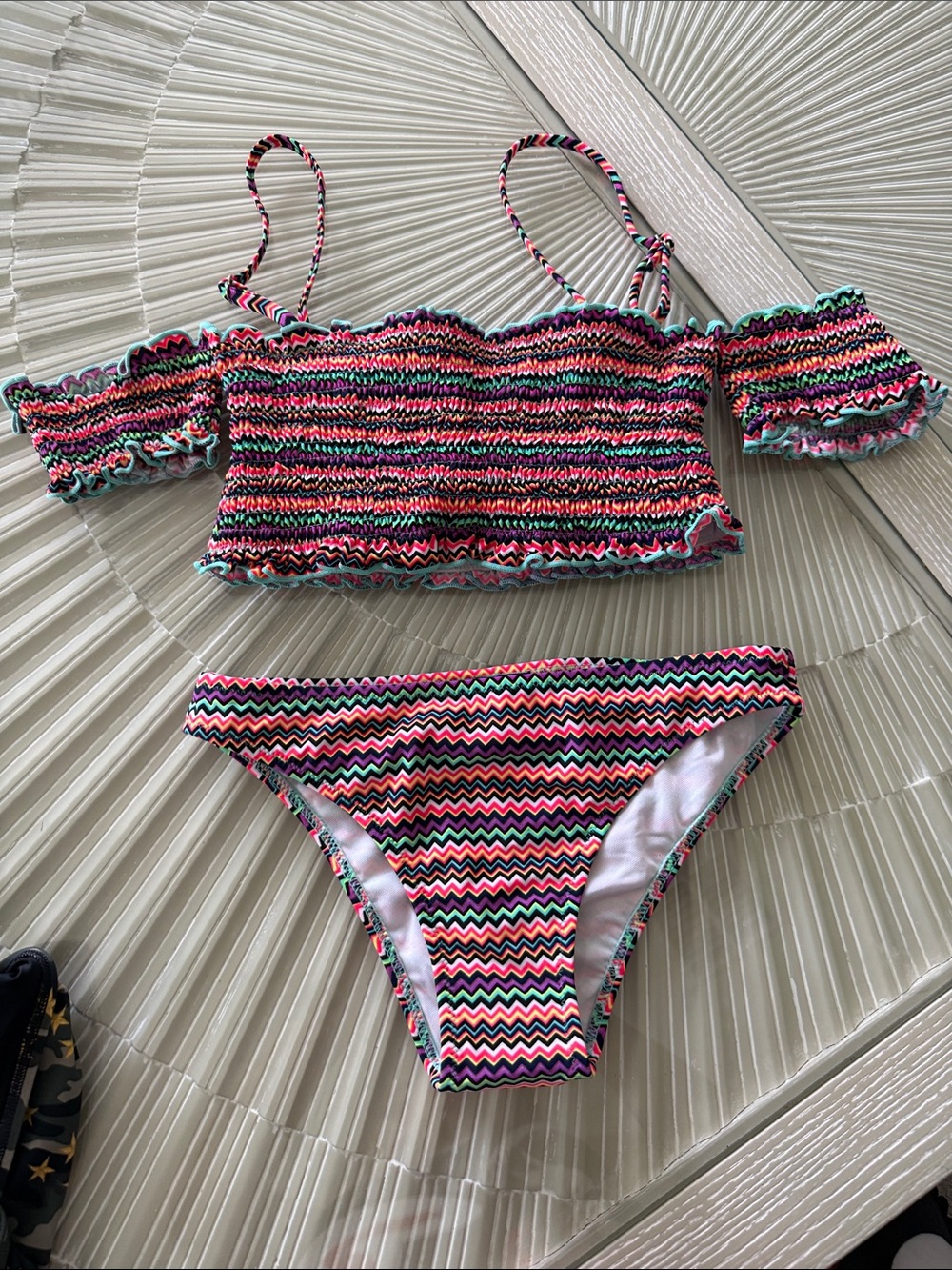 Multicolor Smocked Off-Shoulder Bikini Top & Bottom - Women